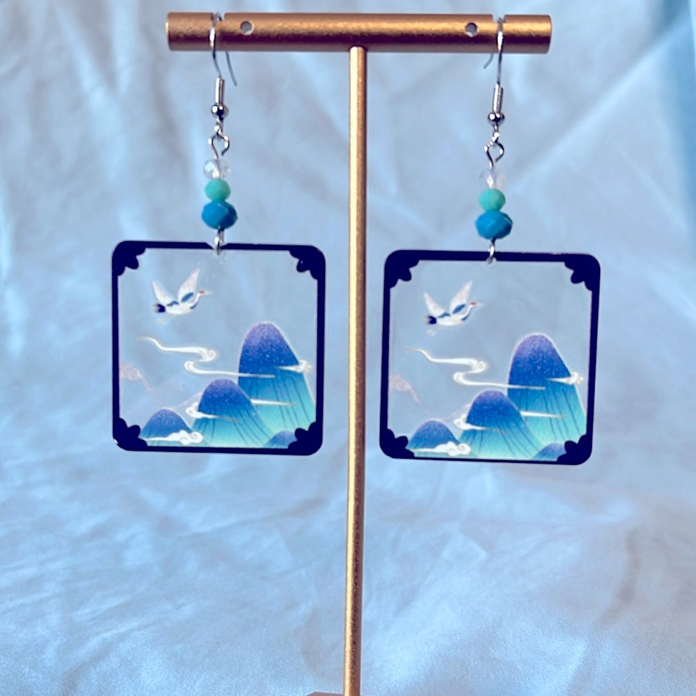 Sold-Transparent Square Shape Mountain Crane Asian Dangle Acrylic Earrings - Picture 2 of 5
